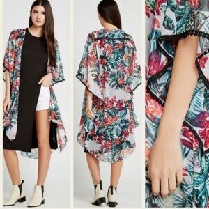 BCBGeneration New Horizons Tropical Floral Pom Pom Tassel Swim Coverup Kimono